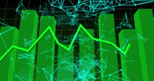 Siber uzayda yeşil veri çubuklarını neon yeşil çizgi grafiği ve cyan ağıyla birlikte görüntülemek. Fütürist, teknoloji, analitik, dijital, neon, soyut, ağ