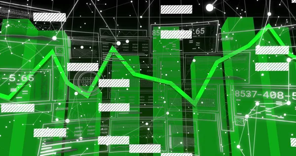 Ekranda yeşil veri göstergesi çubuk grafiklerini, neon çizgi grafiğini, sayısal çıktıları gösteriyor. Futuristik, dijital, teknoloji, analitik, ağ, arayüz, neon