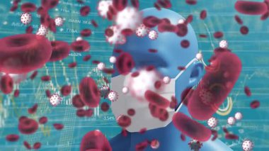 Yüz maskesi ve istatistik takan kırmızı kan hücrelerinin insan kafasının üzerinde canlandırılması. küresel covid 19 salgın ve veri işleme konsepti dijital olarak oluşturulmuş video.