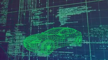 Veri işleme sisteminde 3D araba çizimi animasyonu. global otomobil mühendisliği, tasarım ve veri işleme kavramı dijital olarak oluşturulmuş video.
