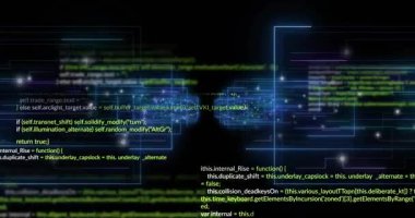 Yüzen neon mavi kümeler kod kaydırma işlemini başlatıyor, içe doğru hareket eden atımlı arayüz oluşturuyorlar. Dijital, fütüristik, soyut, siber, yenilik, teknoloji, neon