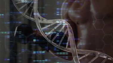 Genetik ve performansı birbirine bağlayan DNA sarmalı eldiven takıp biseptik kıvrımlar yapıyor. Bilim, sağlık, fitness, teknoloji, biyoteknoloji, mühendislik, burkulma