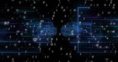 Neon-mavi kümelerden merkeze doğru giden ikili basamaklar veri akışını görselleştiriyor. Teknoloji, siber güvenlik, veri görselleştirme, dijital, fütüristik, yenilik, ağ