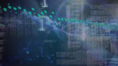 Gökyüzündeki bulutların üzerinde ikili kodlama ve veri işleme animasyonu. Bilgisayar arayüzü ve iş teknolojisi kavramı