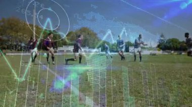 Rugby topu taşıyıcısı topa ulaşıyor ve defans oyuncularını atlatmak için hızlanıyor, spor verileri örtüşüyor. Atletizm, takım çalışması, strateji, rekabet, hareket, açık hava, atletizm