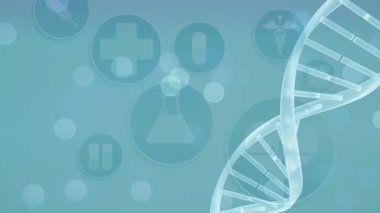 Tıbbi ikonların üzerindeki DNA iplikçiklerinin animasyonu. küresel bilim ve dijital arayüz kavramı dijital olarak oluşturulmuş video.