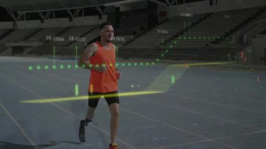 Erkek sporcu protez bıçak kullanarak koşuyor. Solgun şamdan çizelgeleri kullanarak teknolojide performans gösteriyor. Sporcu, performans, analitik, biyomekanik, yenilik, fitness, dayanıklılık