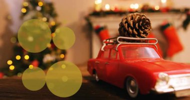 Noel 'de benekler ve konili araba animasyonu. Noel, gelenek ve kutlama konsepti dijital olarak oluşturuldu.