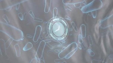 Sıvı arka planda hareket eden bakteri hücreleri ve saatin animasyonu. covid 19 pandemik kavramı dijital olarak oluşturulan video sırasında küresel iş ve dijital arayüz.