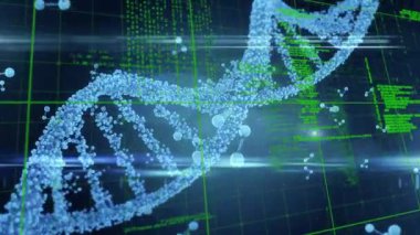 3D DNA iplikçikleri üzerinde veri işleme animasyonu dönüyor. küresel bilim, hesaplama, veri işleme ve dijital arayüz kavramı dijital olarak oluşturulmuş video.