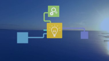 Gün batımında deniz manzarası üzerinde teknoloji simgelerinin canlandırılması. küresel ağ, veri işleme ve teknoloji konsepti dijital olarak oluşturulmuş video.