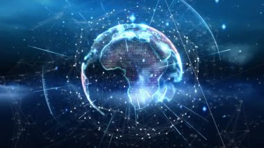 Siyah arkaplan üzerinde numaralar olan küre animasyonu. küresel iş, finans, bağlantılar ve dijital arayüz konsepti dijital olarak oluşturulmuş video.