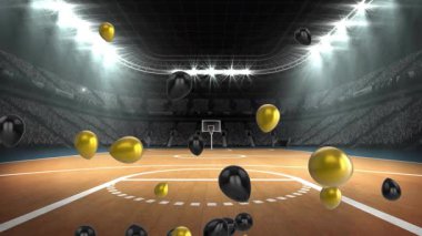 Metalik balonlar arena dekorasyonu için sahaya sürükleniyor, orta sahayı dolduruyor ve sonra dağılıyor. Kutlama, etkinlik, şenlik, dekor, modern, canlı, dinamik