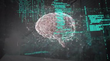 Karanlık arka planda veri işleme ve insan beyni animasyonu. küresel bilim, bağlantılar, veri işleme ve dijital arayüz kavramı dijital olarak oluşturulmuş video.