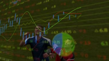 Düşen topun altına tutunan iki futbolcu, titreşen piyasa grafiklerinin ortasında kafa üstü atlamak için atlıyorlar. Sporcular, veri görselleştirme, rekabetçi, dinamik, hareket, finans, enerji