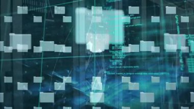 Dizinlerin canlandırılması ve sunucular üzerindeki dijital asma kilit. İnternet güvenliği, veri işleme ve teknoloji konsepti dijital olarak oluşturulmuş video.