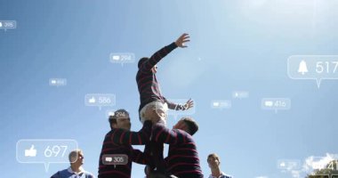 Rugby takımının defans oyuncularını duyması hoparlörleri havaya kaldırıyor ve sosyal ikonlar havada süzülürken topu yakalıyor. Atletizm, takım çalışması, rekabet, açık hava, dinamik, yüksek enerji, strateji