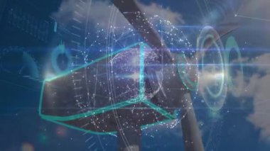 Türbin merkezinin etrafında ortaya çıkan holografik kaplama bıçak dönüşünü ve titreşen ağ veri görünümünü etkinleştiriyor. Yenilenebilir, teknoloji, geleceksel, sürdürülebilir, dijital, enerji, arayüz