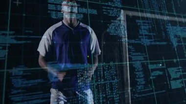 Teknoloji odaklı futbolcu, her iki sıçramadan önce rakip kalenin yakınlarında kodlara tepki veriyor. Gelecekçi, rekabetçi, dijital, yenilik, atletizm, esportacılık, teknoloji