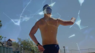 Veri düğümlerinin fırlaması gibi omuzlarını geren sporcu. Vücut geliştirme takibi için gövdenin etrafında küre şekilleniyor. Atletik, teknoloji, dijital, sağlık, yenilik, fitness, açık hava