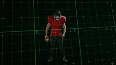 Spor analizi için dönen neon ızgarası hareketini yakalayan atlet duruş pozisyonuna geçiyor. Spor, analiz, teknoloji, fitness, hareket, dijital, performans