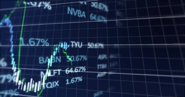 Finansal ve borsa veri işlemelerinin dijital animasyonu mavi arka planda. küresel finans ve iş teknolojisi kavramı