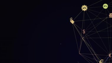 Siyah arka planda dönen dijital simgelerin dijital animasyonu. küresel ağ ve teknoloji kavramı