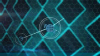Mavi arkaplana karşı soyut şablon tasarımı üzerinden dijital simge ağının dijital animasyonu. Küresel ağ ve iş teknolojisi kavramı