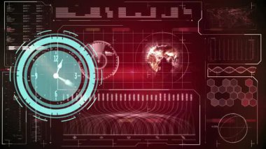 Ekrandaki veri işleme üzerinde ilerleyen saatin animasyonu. küresel hesaplama, dijital arayüz ve dijital olarak oluşturulmuş video işleme kavramı.