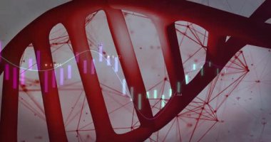 Yükleme sırasında, veri eğilimlerini temsil eden grafik çubukları değişirken, kırmızı 3D DNA iplik merkezi. Moleküler, biyoteknoloji, analitik, fütüristik, veri görselleştirme, bilimsel, yenilik