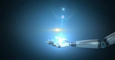 Mavi arkaplanda fotokopi alanına karşı robotik elin üzerinde bir ışık lekesi. Gelecekçi teknoloji kavramı