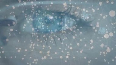 HUD biyometrik taramayı güncellerken yumuşak bulanık küreler mavi gözün üzerine sürükleniyor ve yerleşiyor. Futuristik, biyometrik, teknoloji, arayüz, dijital, veri, yenilik