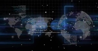 Noktalı harita ve dönen dünya görünümü, kod kaydırma, veri akışını gösteren parçacıklar. Teknoloji, veri görselleştirme, dijital arayüz, küresel bağlantı, ağ, geleceksel, animasyon