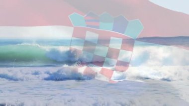 Denizde dalgalara karşı Hırvat bayrağı sallayan birleşik video. Ulusal turizm ve seyahat kavramı