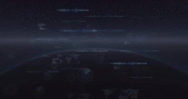 Mavi arka planda dünya üzerinde veri işleme animasyonu. Bilgisayar arayüzü ve küresel ağ teknolojisi kavramı