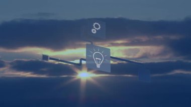 Günbatımı gökyüzüne karşı birden fazla dijital simge ağı. bilgisayar arayüzü ve teknoloji kavramı