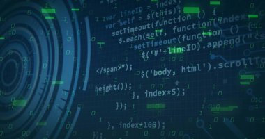 Mavi-yeşil ızgara üzerinde yüzen kod, ikili haneli, HUD grafikli ve neon ışıklı. Fütürist, siber, dijital, teknoloji, arayüz, neon, soyut