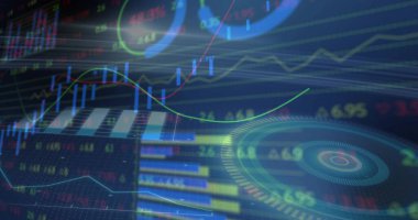 Ticari UI, şamdanları, çizelgeleri, bar çizelgelerini, radyal göstergeleri, sayısal etiketleri gösteriyor. Veri, analiz, görselleştirme, arayüz, analitik, dijital, geleceksel