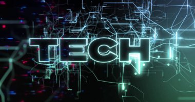 Neon devreler, düğümler ve titreşimlerle sanal arayüzde titreşen büyük TECH harfleri. Fütürist, siber, dijital, ağ, teknoloji, neon, soyut