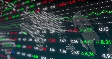 Noktalı dünya haritası yeşil pazar çizgisi, kalp pili ve kesik çizgilerle örtülmüş. Küresel, finans, analitik, teknoloji, veri görselleştirme, yatırım, dijital