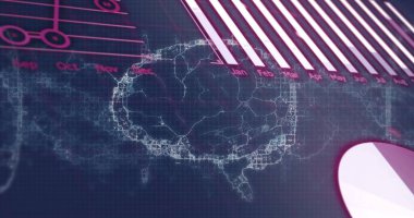 Fütüristik arayüzde eflatun bar grafiği ve pasta grafiği ile wirefram beyin ağı gösteriliyor. Fütüristik, veri görselleştirme, teknoloji, nörobilim, analitik, yenilik, dijital