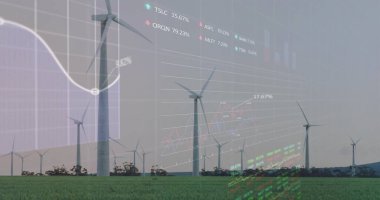 Kırsal düzlüklerde yükselen beyaz rüzgar türbinleri borsa saatlerini ve grafiklerini gösteriyor. Yenilenebilir, sürdürülebilirlik, enerji, finans, teknoloji, fütürizm, çevre