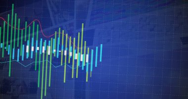 Finansal arayüzde, ızgara kaplaması, şamdan çubukları ve kırmızı ve cyan çizgileri ile grafik gösteriliyor. Analizler, veri görselleştirme, dijital, iş zekası, mali eğilim, teknoloji, yenilik