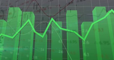 Şeffaf yeşil çubuklar ve kırmızı eğilim çizgisi ile ticaret arayüzü üzerinde çubuk ve çizgi grafiği gösteriliyor. Finansal, analitik, veri görselleştirme, teknoloji, yatırım, dijital, iş