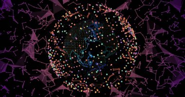 Noktalı küre dijital uzayda dönüyor. Neon kıta hatları yörüngedeki düğümler ve mor örgü ile birlikte. Fütüristik, teknoloji, dijital, bağlantı, soyut, canlı, yenilik