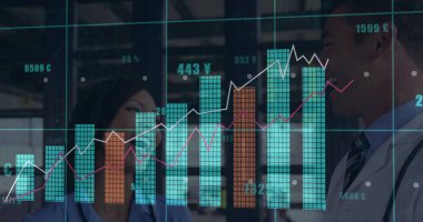 Laboratuvar koridorundaki hasta verilerini para birimi sembolleri ve stetoskopla analiz ediyorum. Tıbbi, teknoloji, yenilik, işbirliği, sağlık, analitik, fütüristik