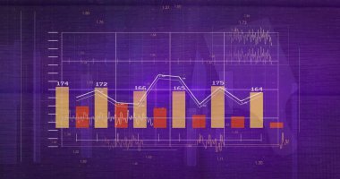 Sarı kırmızı çubuklu ve beyaz çizgili mor gradyan çizelgesi gösteriliyor. Analizler, veri görselleştirme, bilgi grafikleri, gösterge paneli, dijital arayüz, grafik raporu, iş zekası