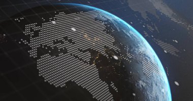 Sunar stilize Dünya küresi yörüngesel görünümde süzülüyor, nokta örtülü ve parlayan atmosferiyle. Gezegen, teknoloji, fütürizm, yenilik, bilim kurgu, dijital, küresel