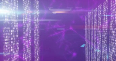 Dijital veri görselleştirmesi, veri koridorunda parlayan düğümlerle üst üste binen ikili paneller sunuyor. Gelecek, teknoloji, soyut, dijital, ağ, holografik, veri