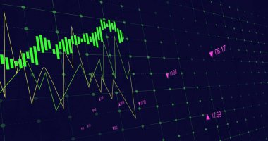 Şebeke arayüzünde, yeşil açık yeşil çizgiler pembe kalemler ile finansal grafikler gösteriliyor. Teknoloji, analitik, panel, veri, görselleştirme, dijital, modern